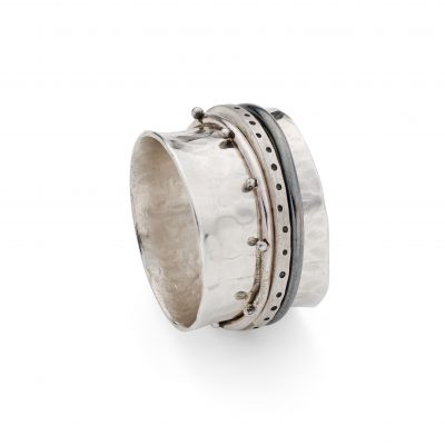 Sterling silver spinner ring with 3 decorated bands on, made by chloe michell jewellery