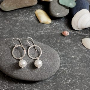 Pearl drop earrings made by chloe ichell jewellery in cornwall