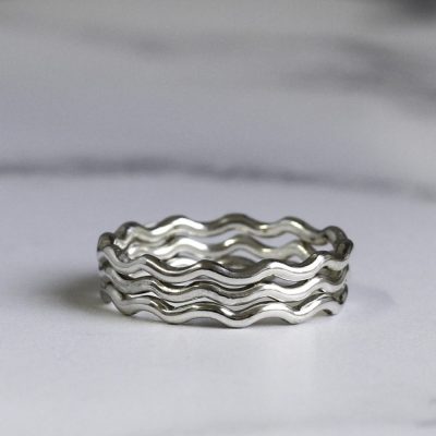 stack of 3 silver cornish wave rings made by chloe michell jewellery