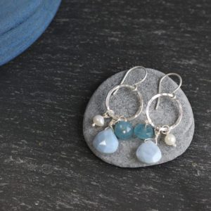 sterling silver hammered hoops with pale blue opal briollete, blue quartz and pearl, made by chloe michell jewellery