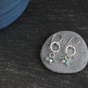 small hammered hoops with tiny appatite, amazonite and pearl beads made by chloe michell jewellery
